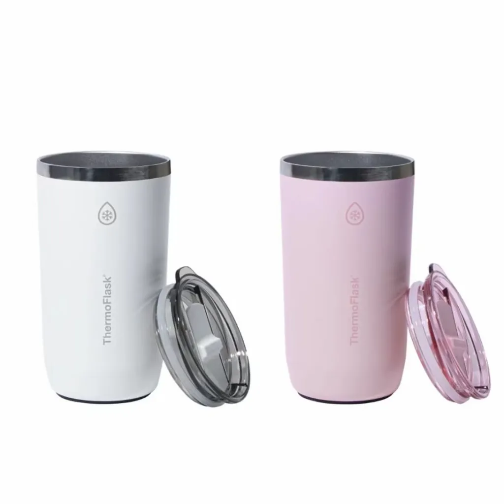 ThermoFlask Juego de 2 Vasos de Acero Inoxidable con Aislamiento al Vacío de 474 mL, Rosa y Blanco, Morado y Verde (Blanco y Rosa)